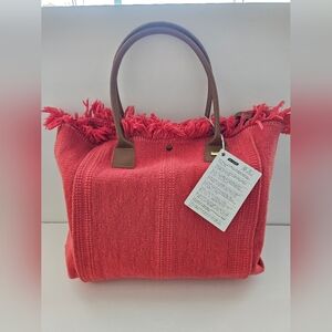 TSD12 Coral Canvas Tote Bag with Brown Leathet Handles Crossbody NWT